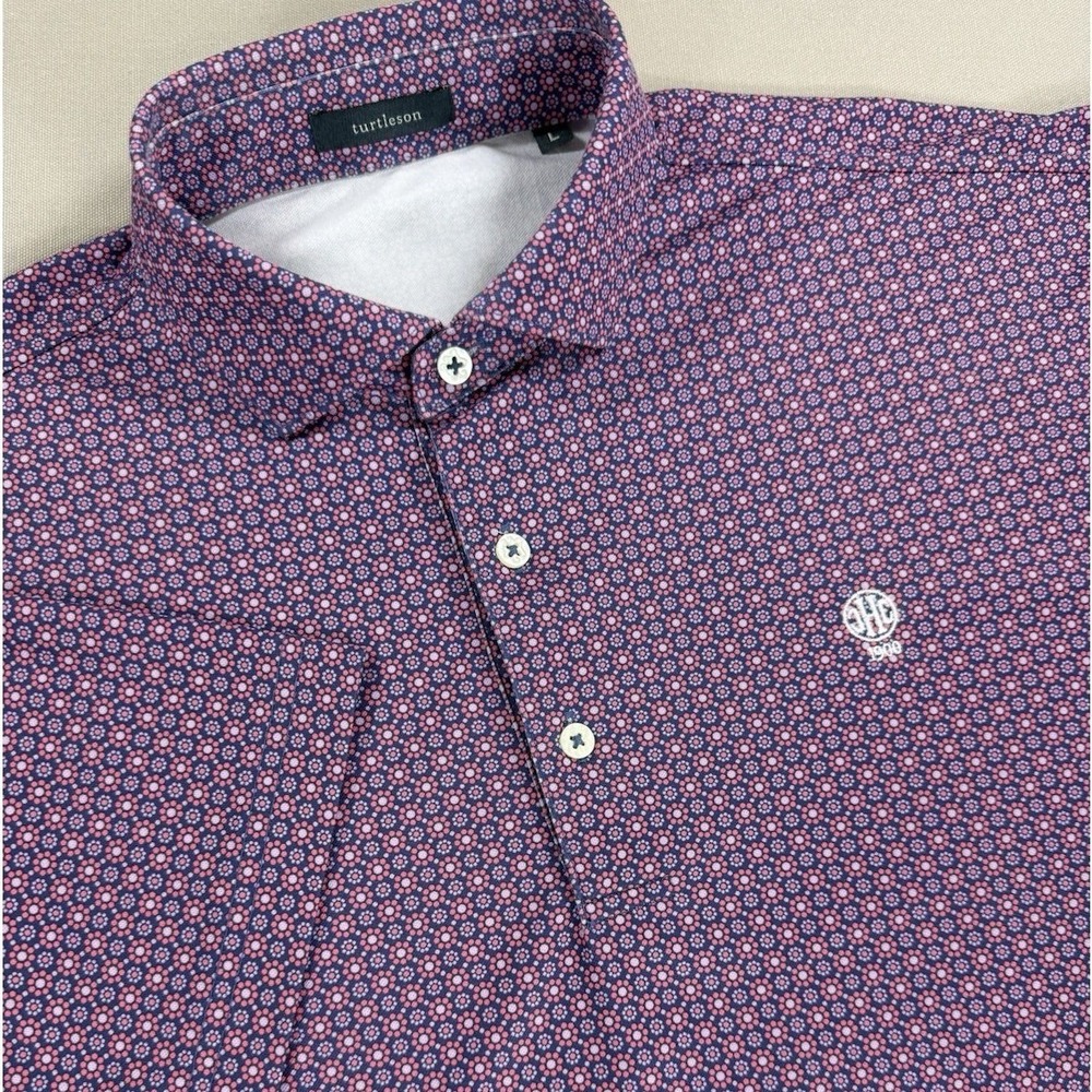 Turtleson Polo Shirt Mens Large‎ Purple Geometric Floral Stretch Performance